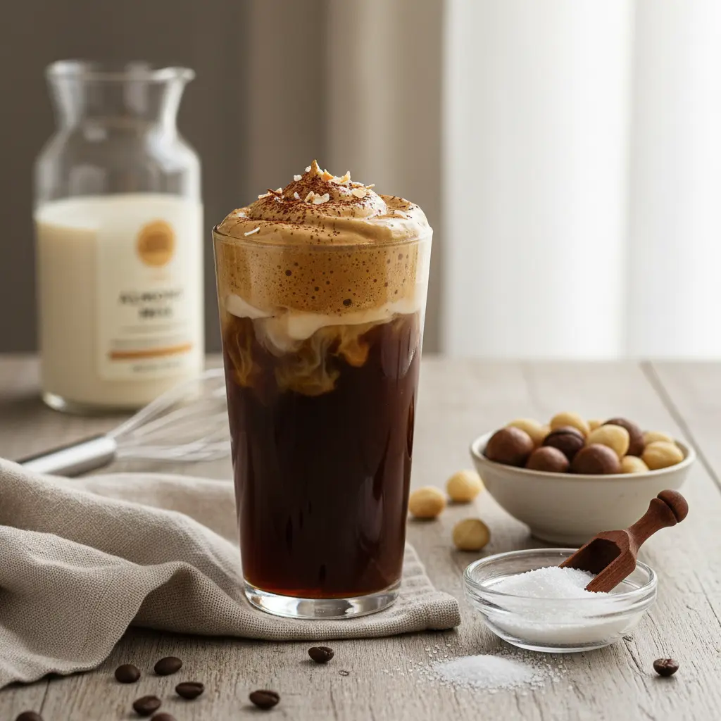A glass of sugar-free whipped Dalgona coffee with ice and plant-based milk, topped with a spoon.