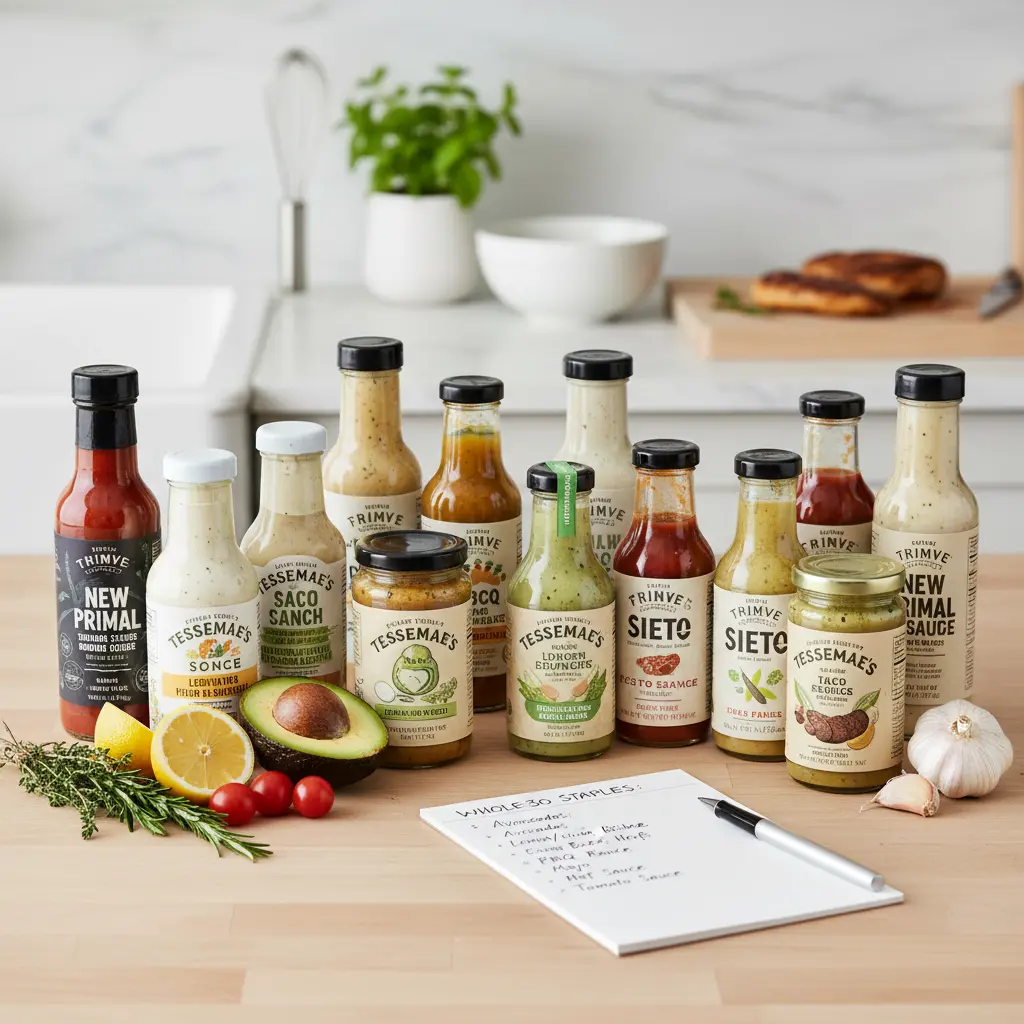 Assortment of Whole30 compliant sauces including mayo, ketchup, and dressings on a kitchen counter