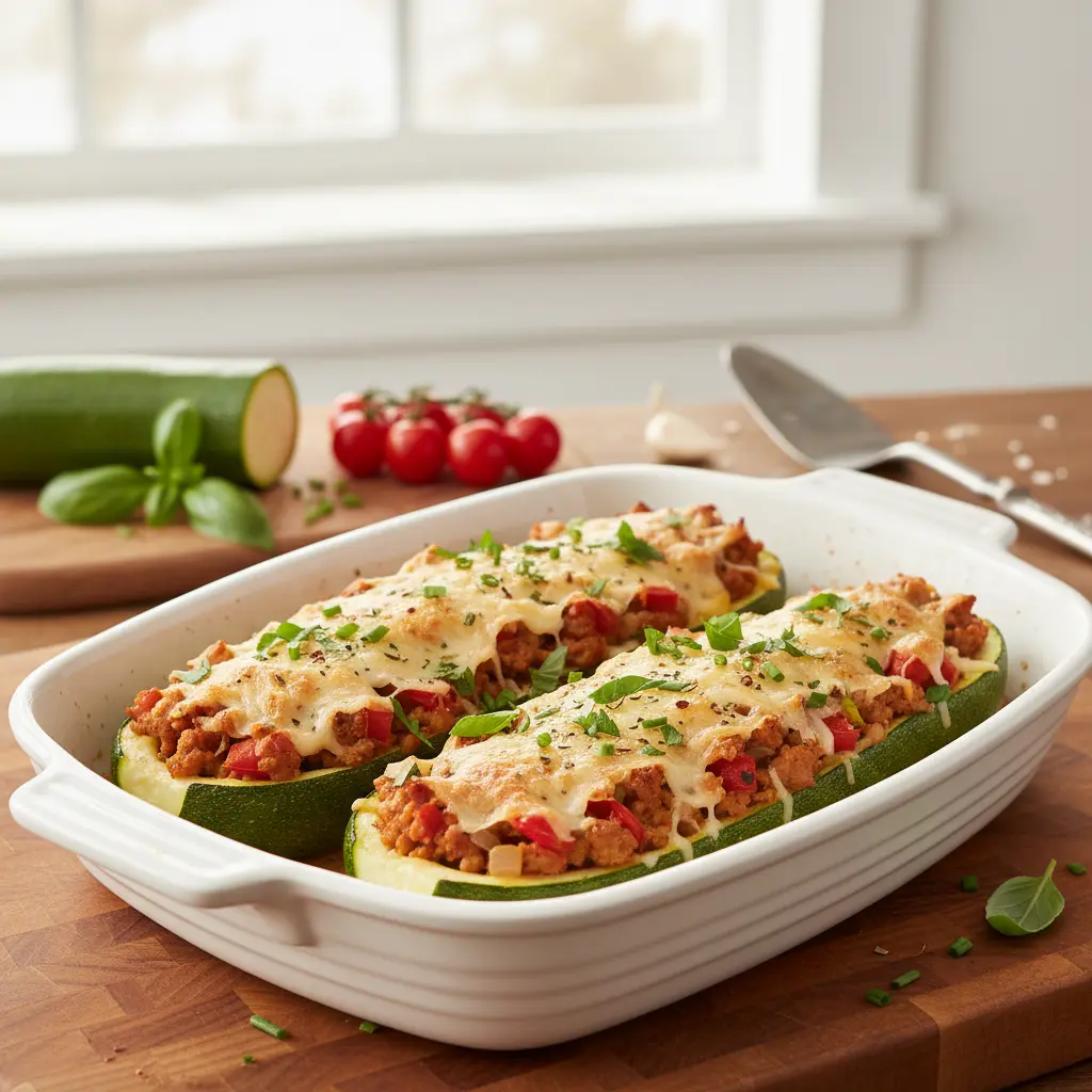 Ground turkey zucchini boats baked to perfection with melted mozzarella cheese, garnished with fresh herbs.