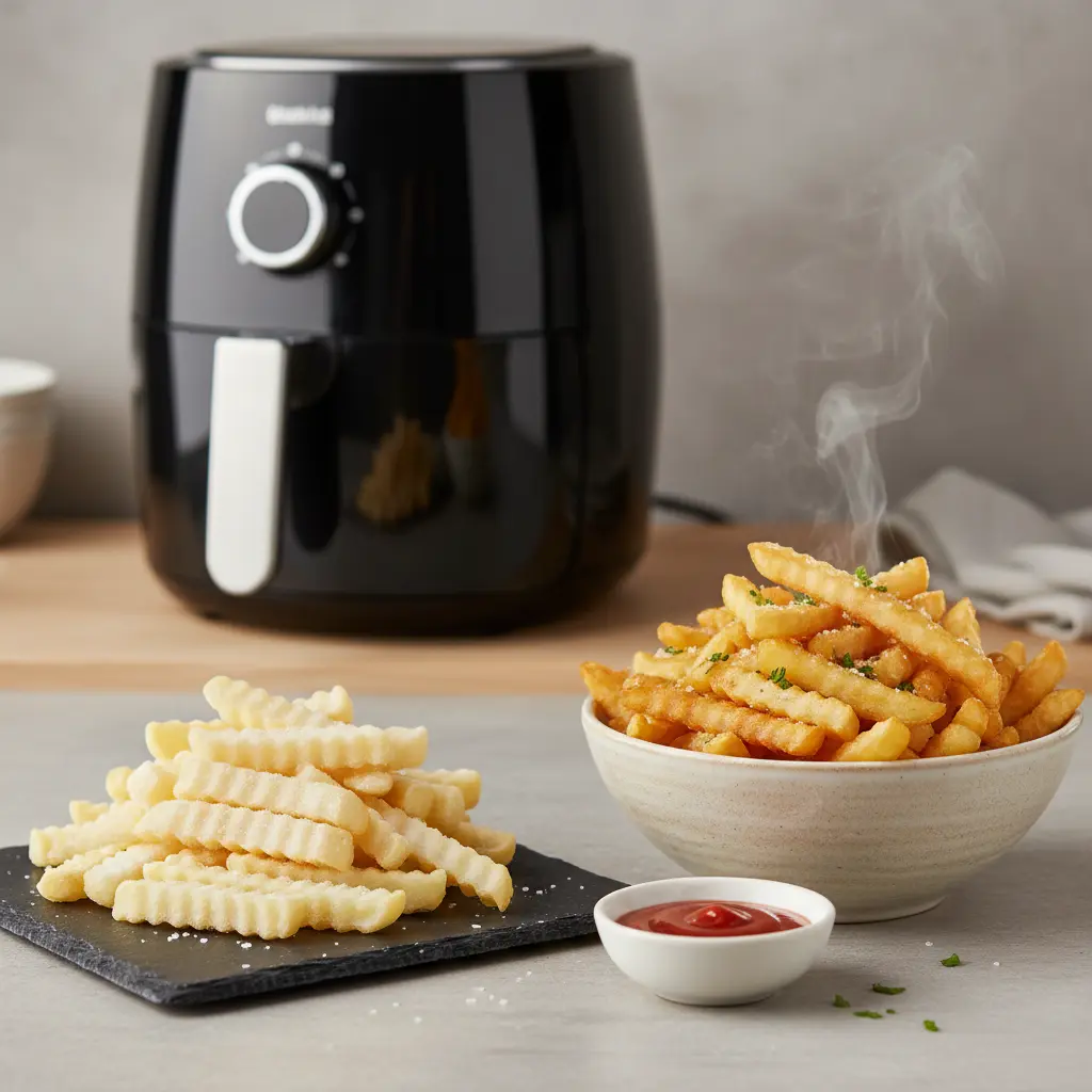 Crispy golden air fryer frozen french fries in a basket