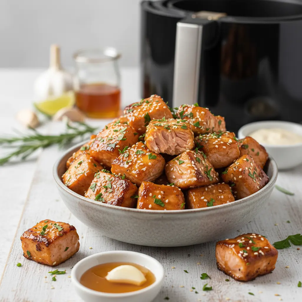 Glistening honey garlic salmon bites in an air fryer basket, ready to be served and enjoyed.