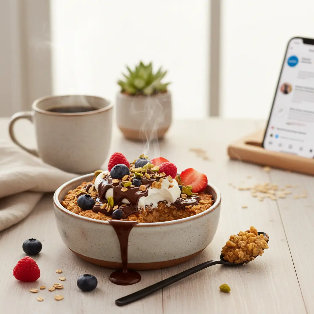 Delicious chocolate baked oats in a ramekin with berries, fresh from the oven, perfect for a healthy breakfast