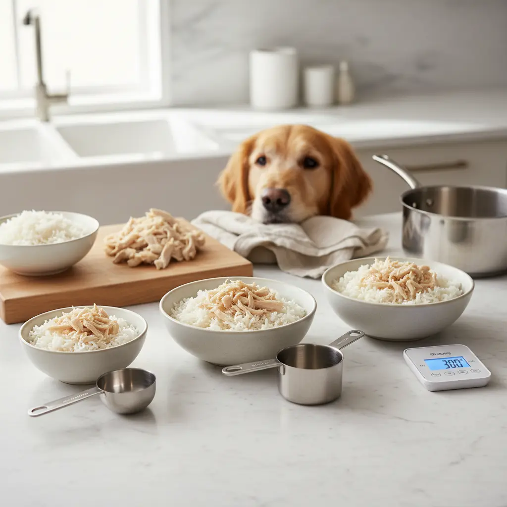 Sick dog resting with a bowl of boiled chicken and rice, comforting pet during recovery