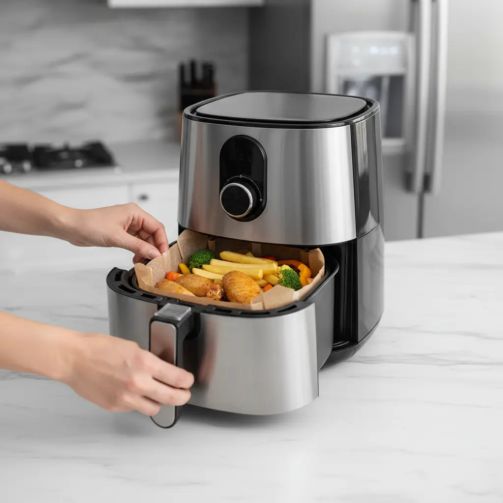 Parchment paper lining the basket of an air fryer with food inside, highlighting safe usage.