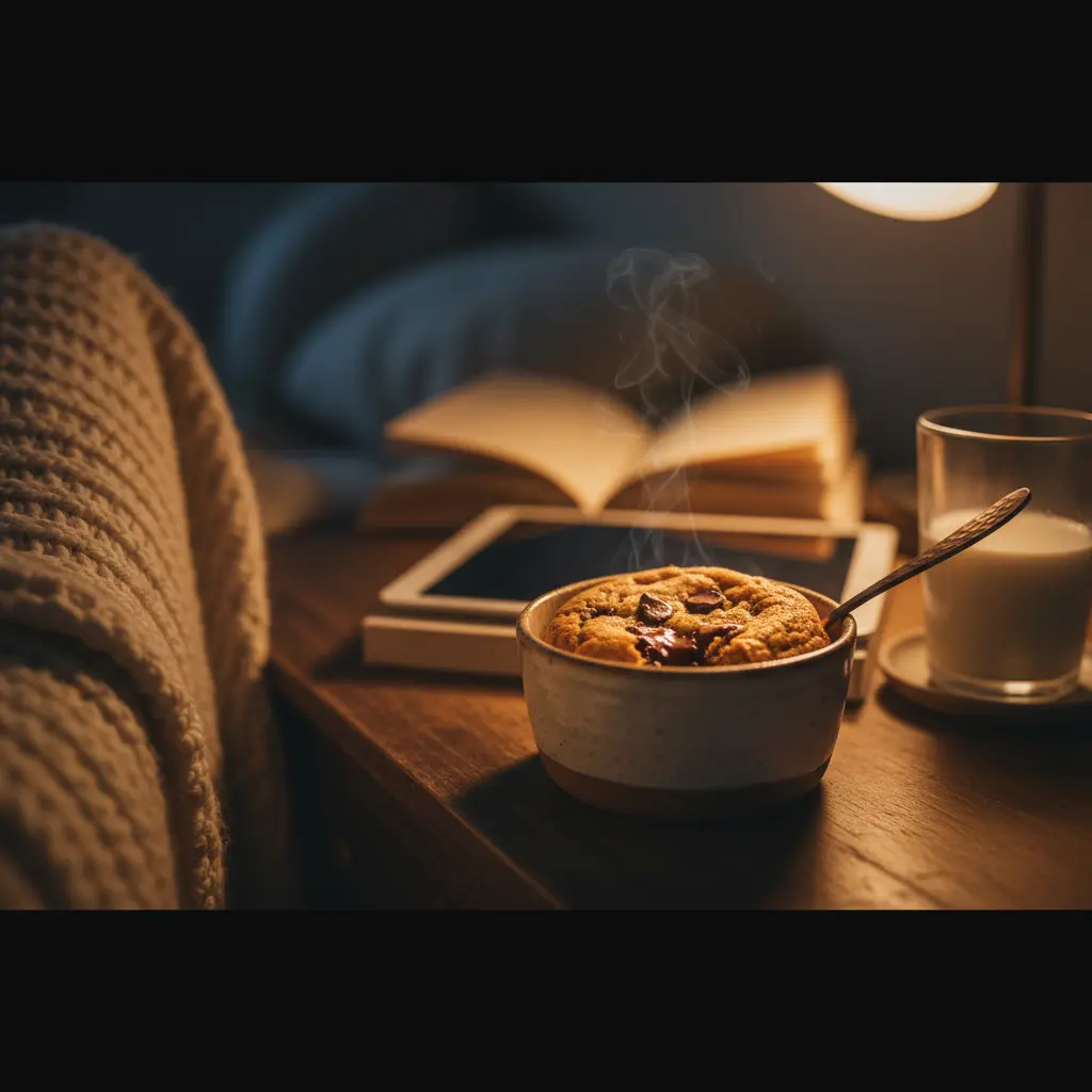 Warm, gooey microwave chocolate chip cookie in a ramekin with melted chocolate chips