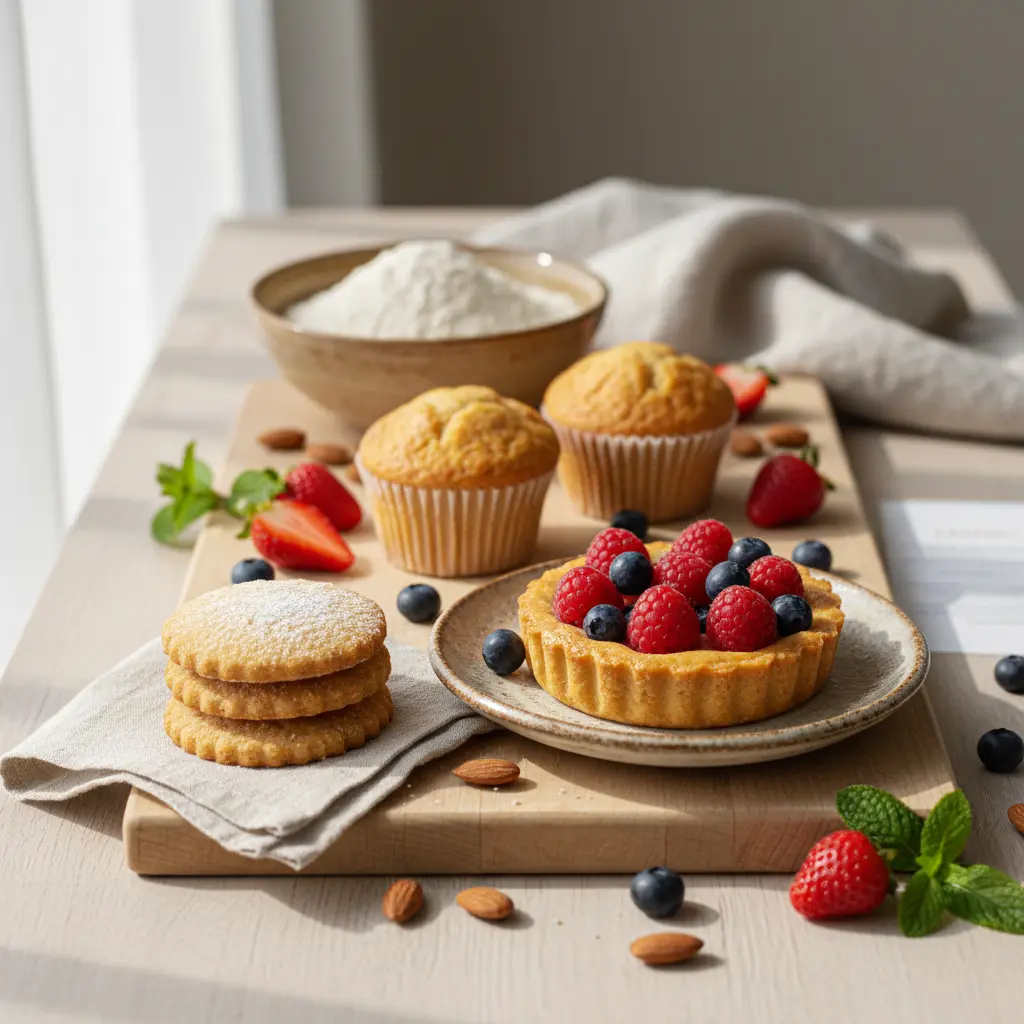 An array of delectable almond flour desserts suitable for diabetics, including cakes, cookies, and pancakes