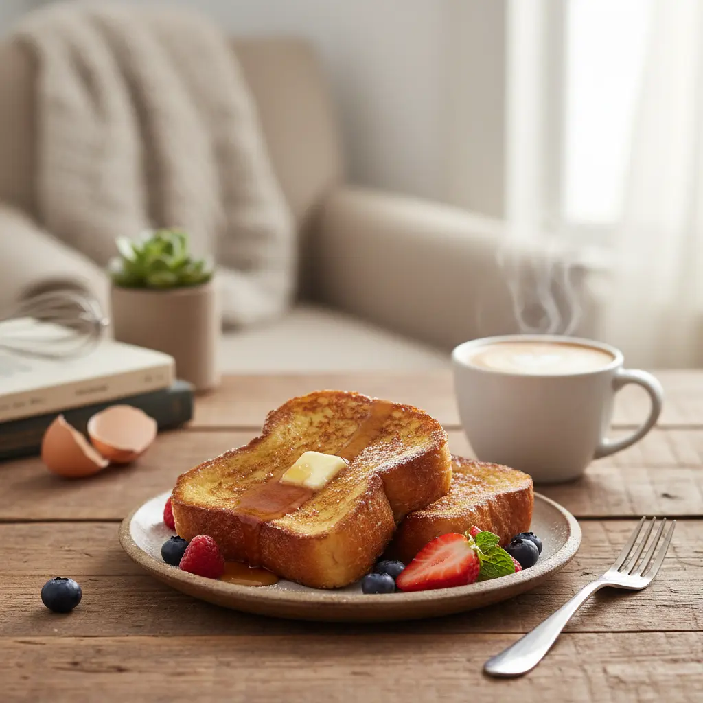 Perfect single-serving French toast topped with fresh berries and maple syrup