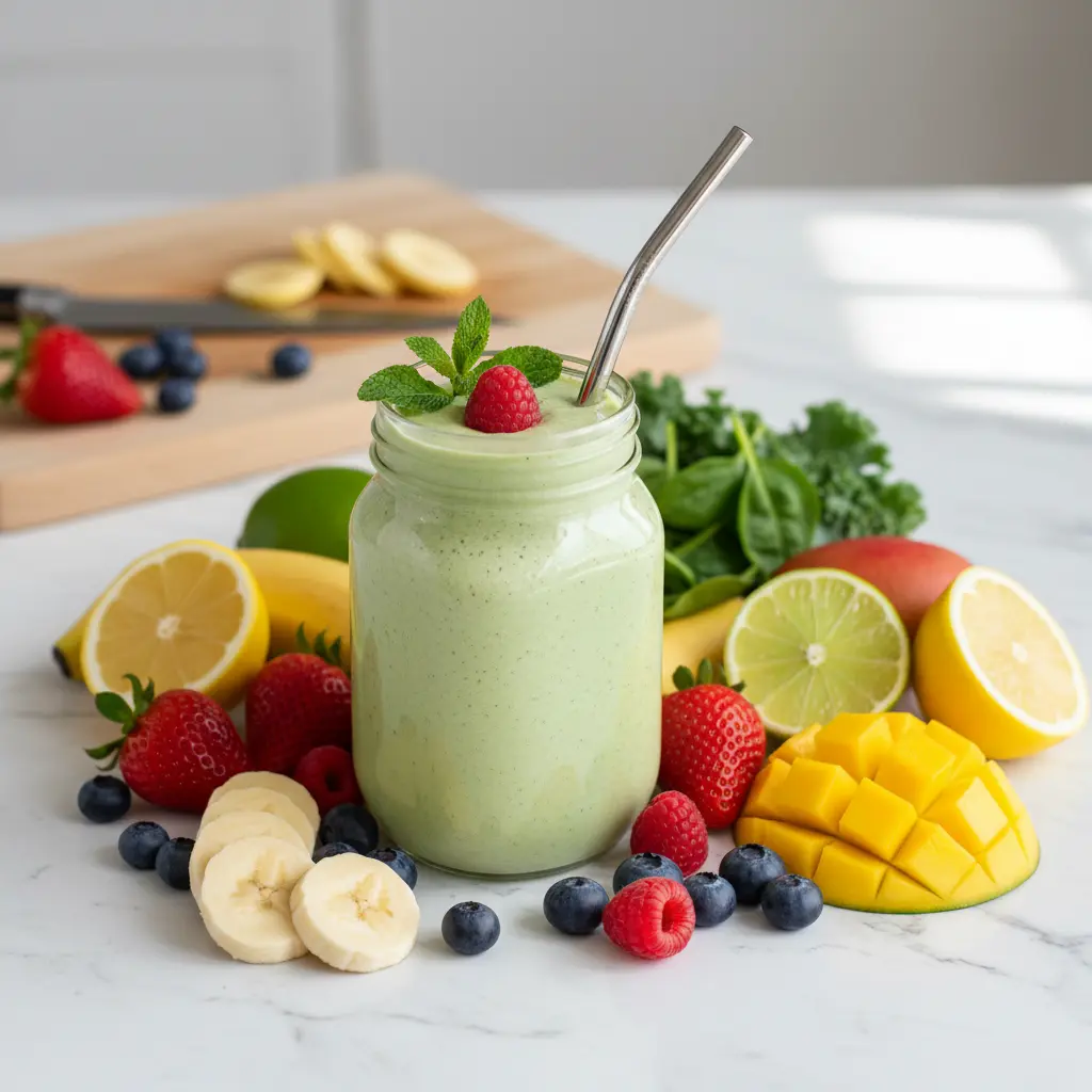 A vibrant, refreshing green smoothie in a glass with a straw, surrounded by fresh spinach, pineapple, and banana on a light wooden surface.