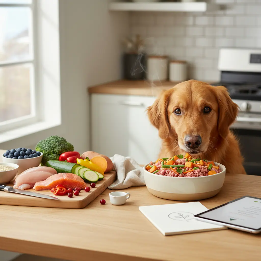 Happy dog eagerly eating a bowl of homemade food formulated for allergy relief