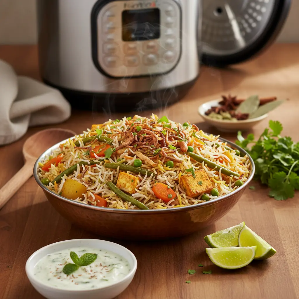 Authentic Instant Pot Vegetable Biryani served in a bowl, garnished with fresh cilantro and fried onions.