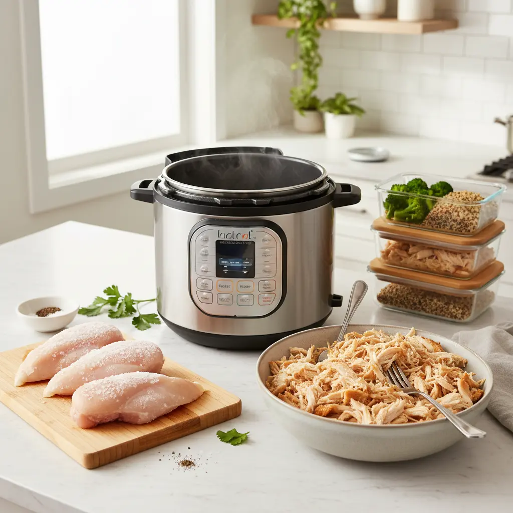 Pile of perfectly shredded Instant Pot chicken breast with fresh herbs, ready for meal prep