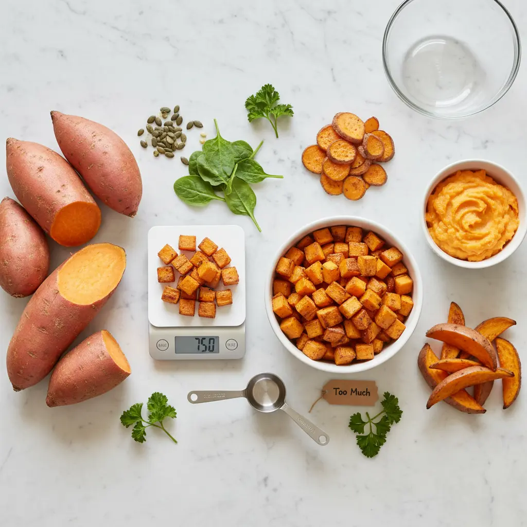 Kitchen scale showing safe low FODMAP sweet potato serving size of 75 grams