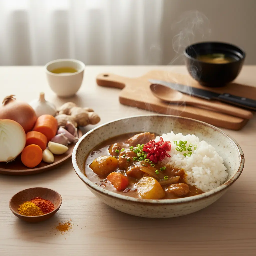 Authentic Japanese curry with chicken, carrots, and potatoes served over rice in a bowl, garnished with pickled daikon.