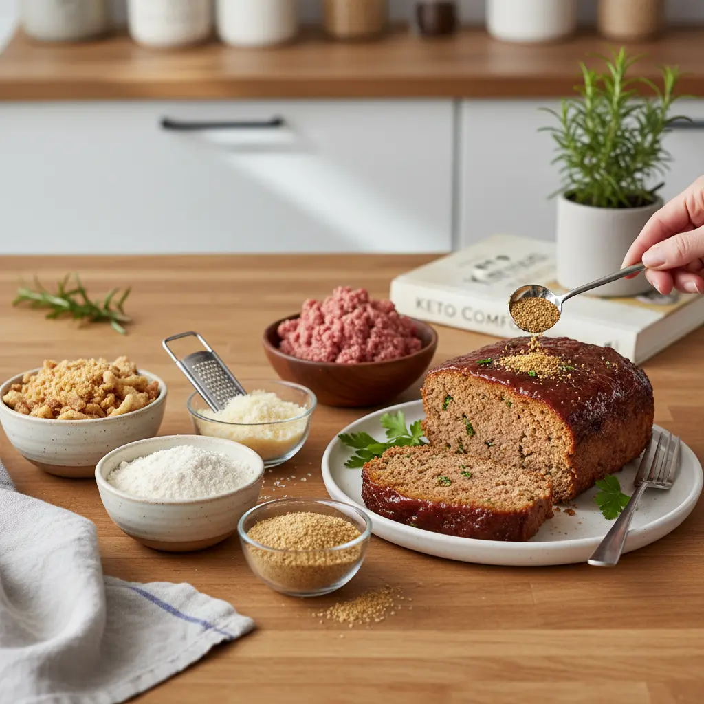 Delicious keto meatloaf made with low-carb breadcrumb substitutes, sliced and ready to serve.