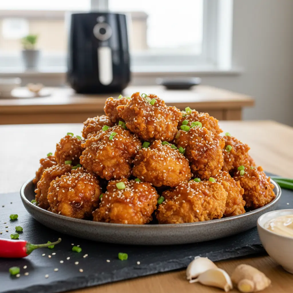 Crispy Air Fryer Korean Fried Chicken with Sauce and Sesame Seeds on a plate