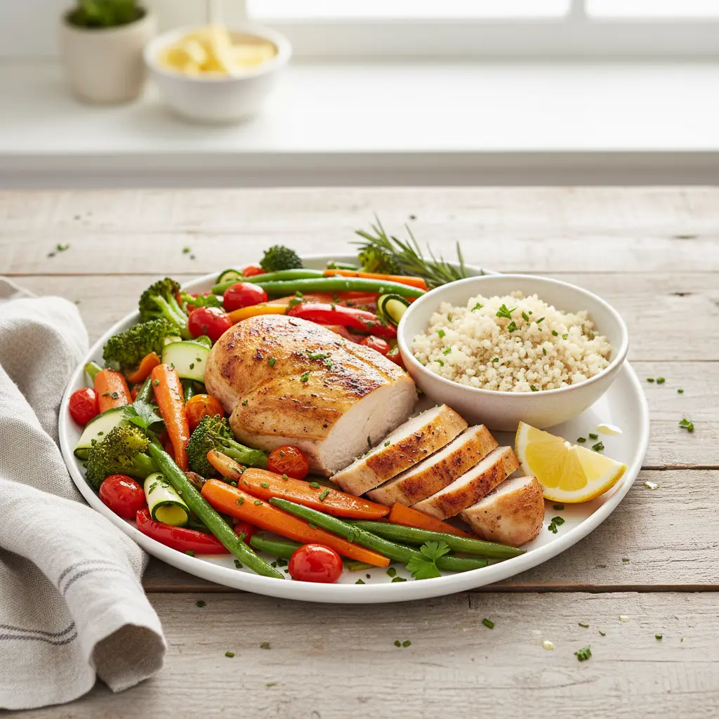 Delicious skillet low FODMAP chicken dinner with vegetables, perfectly cooked for gut health.