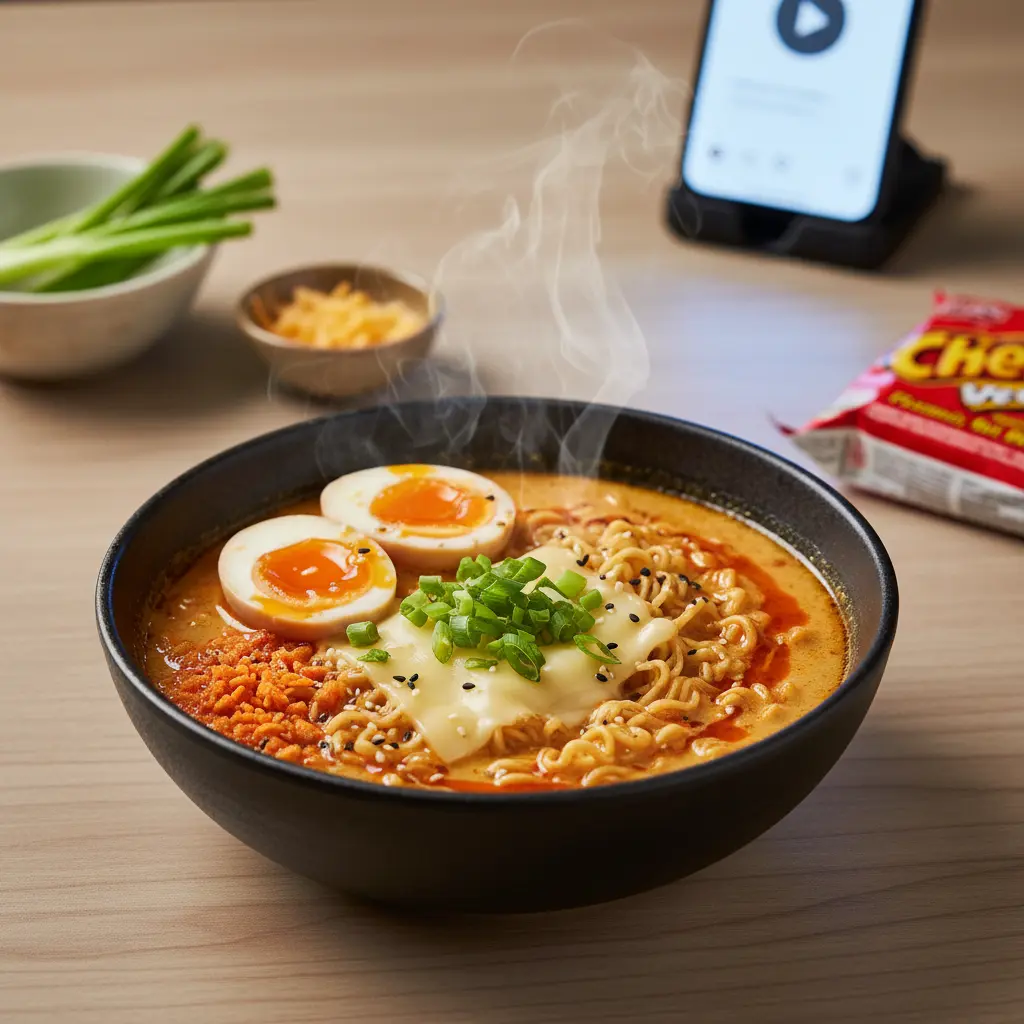 A close-up of a bowl of TikTok Ramen with a fried egg, green onions, and sesame seeds.