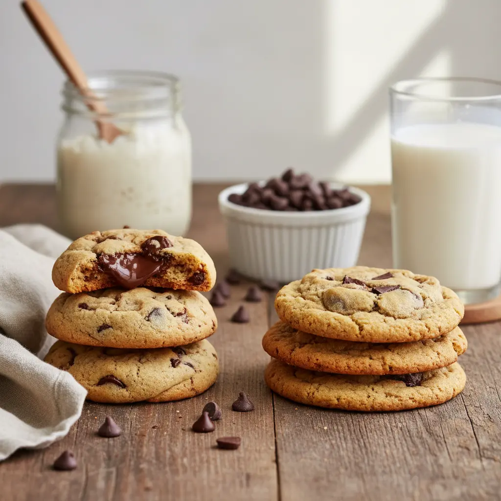 Freshly baked sourdough discard chocolate chip cookies on a cooling rack, showcasing a mix of soft and crispy textures.