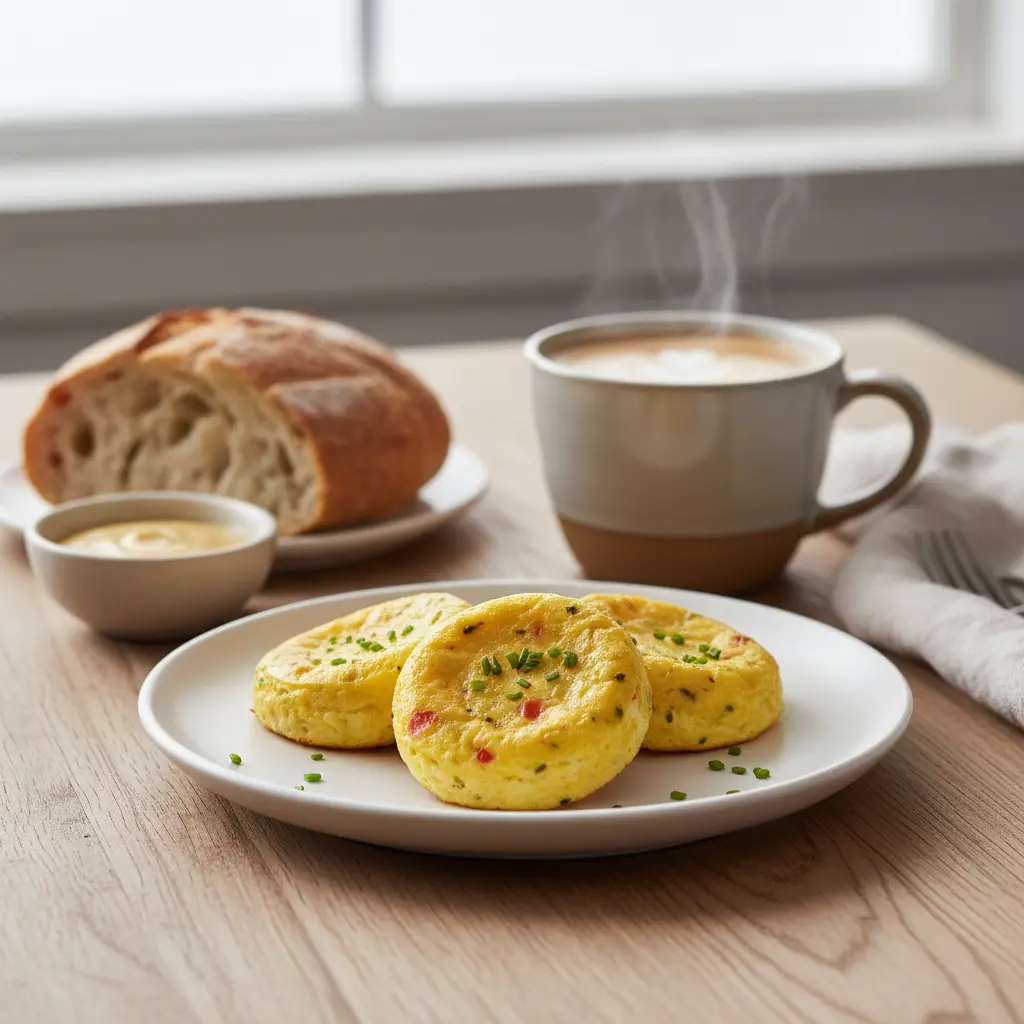 Close-up of fluffy, golden-brown homemade sous vide egg bites with bacon and Gruyère cheese, ready to eat