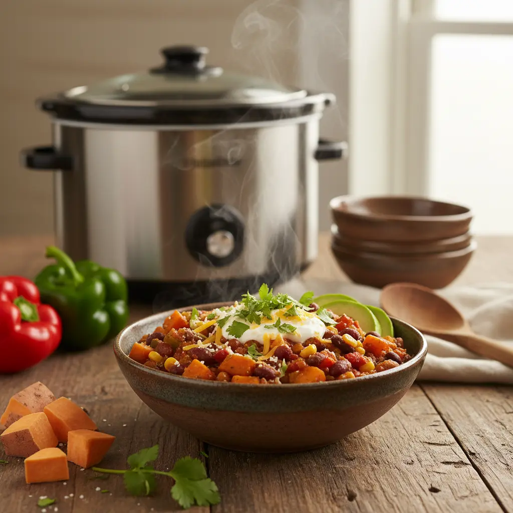 Hearty bowl of slow cooker vegetarian sweet potato chili topped with fresh cilantro, avocado, and sour cream.